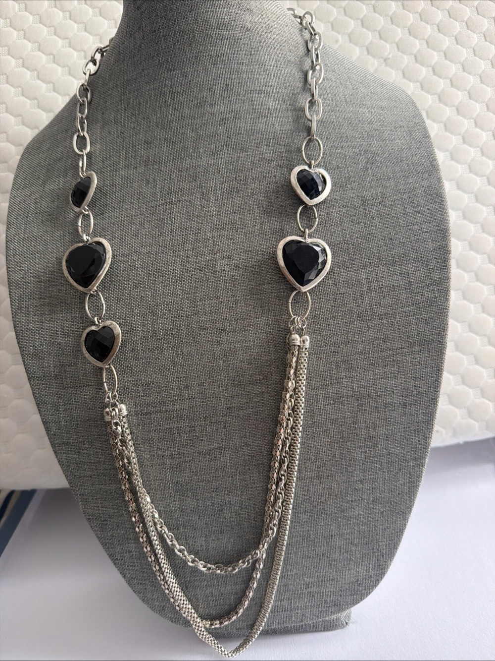 Silver Multi-Chain Necklace with Black Heart Charms